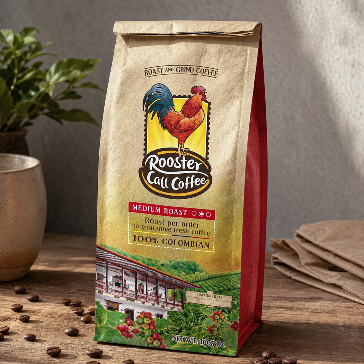 Branding y packaging de Rooster Call Coffee para Estados Unidos.